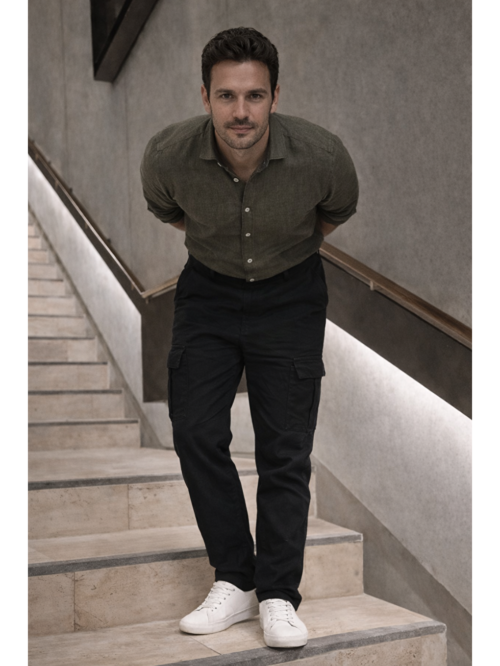 Erkek Yüksek Bel Bol Paça Siyah Kargo Baggy Pantolon-3