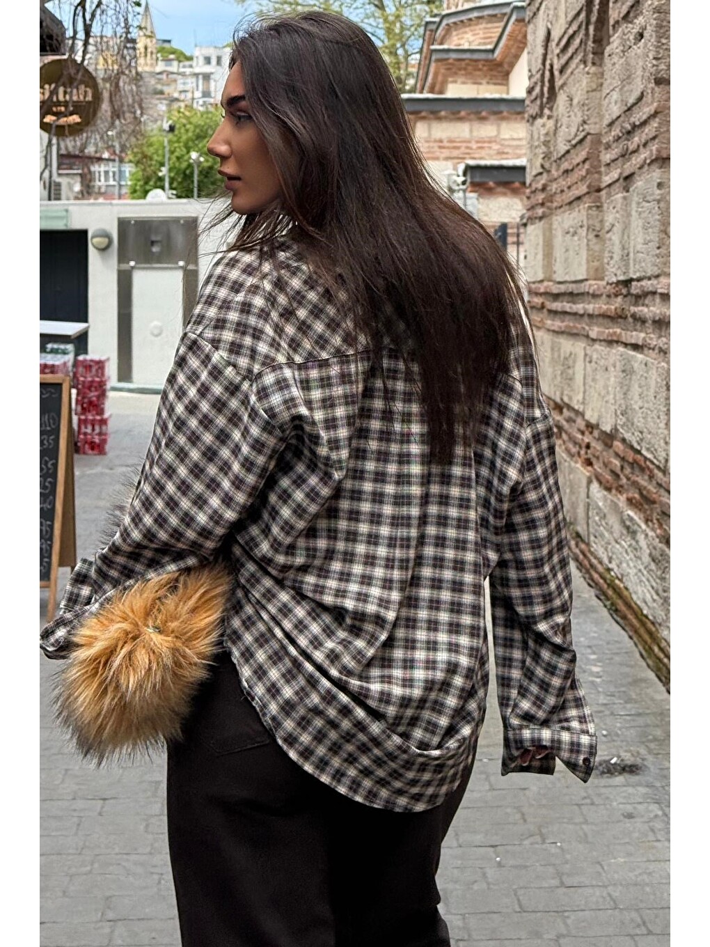 Kahverengi Camel Oversize Kareli Kadın Gömlek Mg2822-3