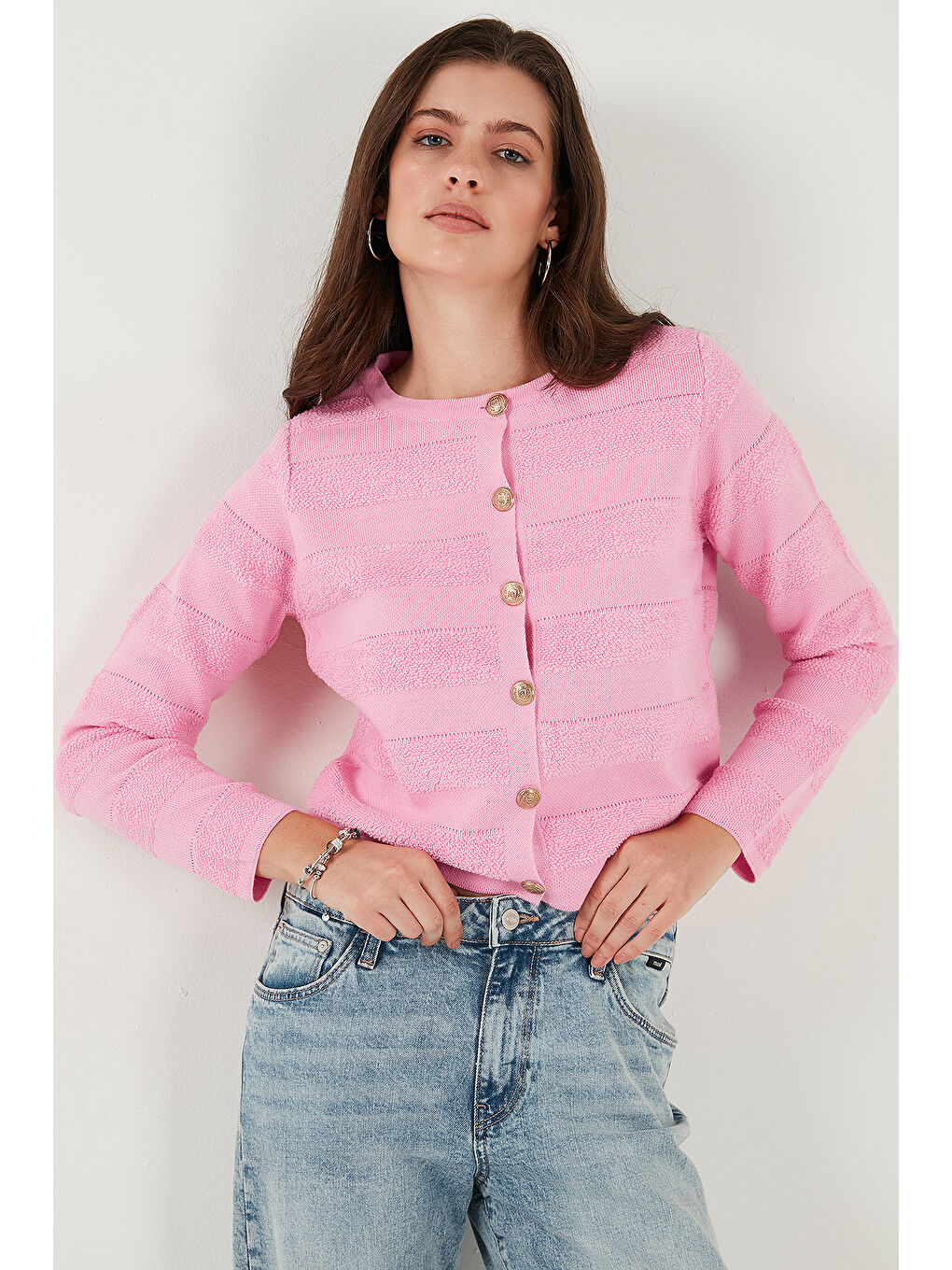 Pembe Premium Regular Fit Bisiklet Yaka Düğmeli Dokulu Triko Hırka 680HI00337-2