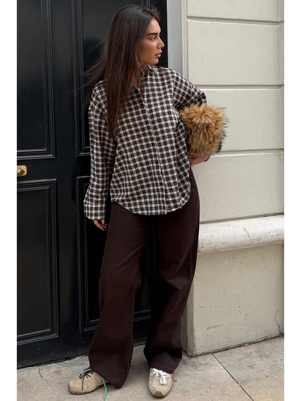 Kahverengi Camel Oversize Kareli Kadın Gömlek Mg2822-6