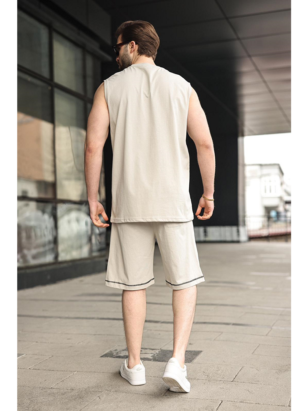 Boyalı Gri Bisiklet Yaka Kolsuz Erkek Şort T-Shirt Takım E7351-3