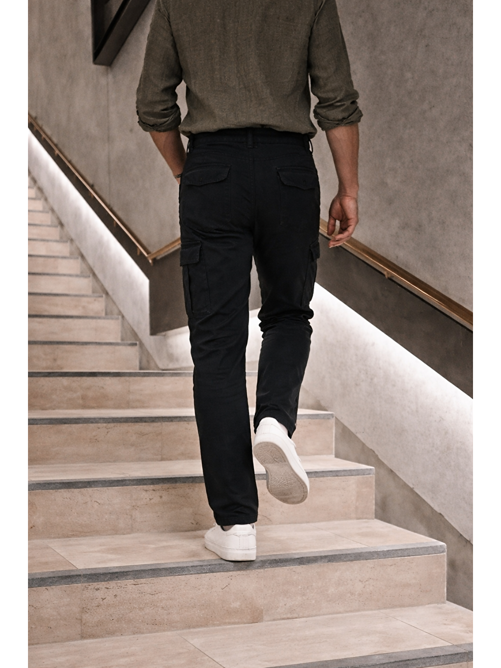 Erkek Yüksek Bel Bol Paça Siyah Kargo Baggy Pantolon-5