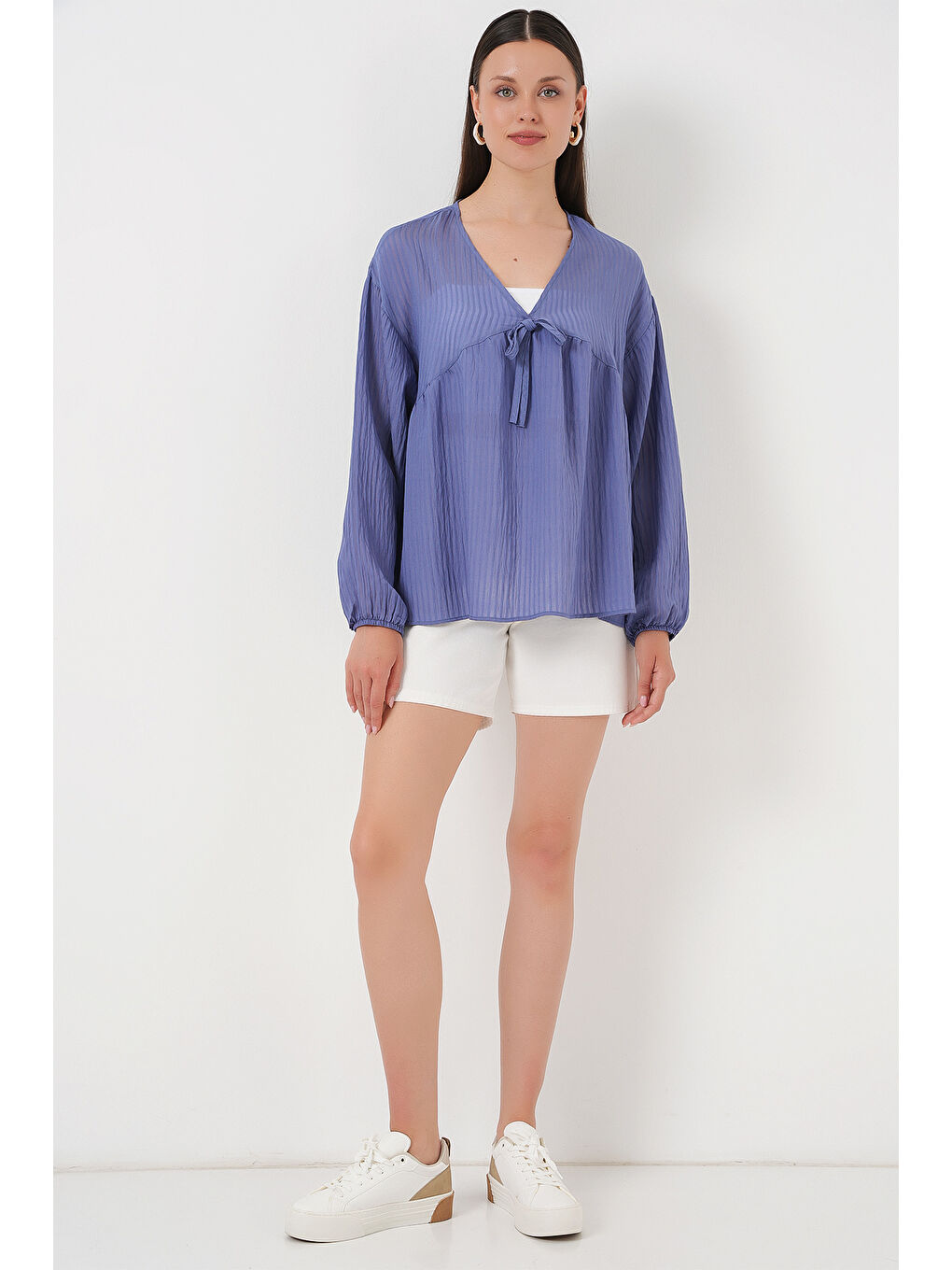 Kadın Önü Bağcıklı Uzun Kol Bluz 946 - İndigo-1