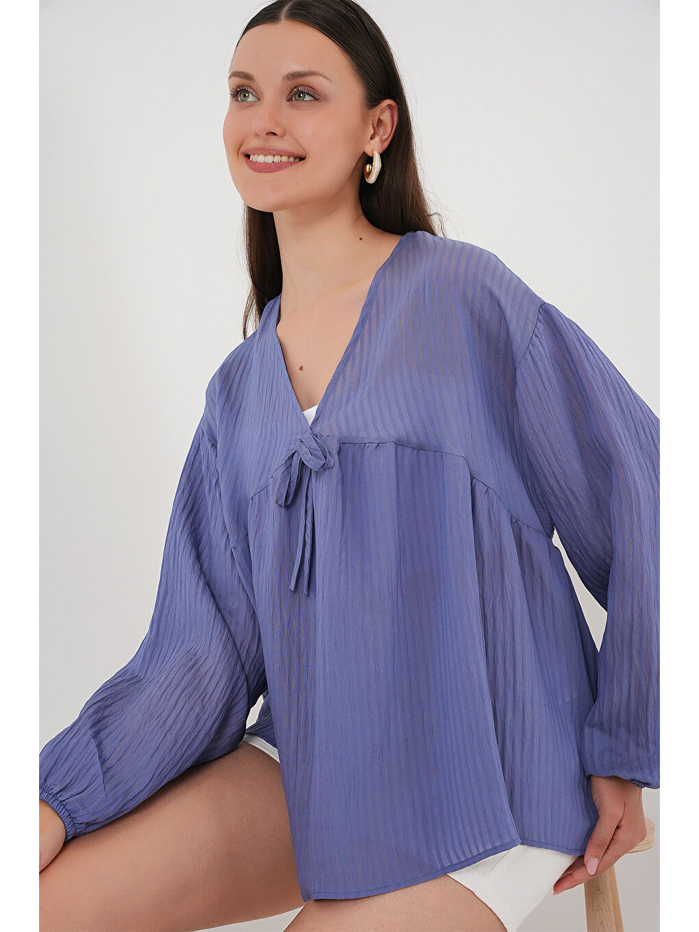 Kadın Önü Bağcıklı Uzun Kol Bluz 946 - İndigo-2