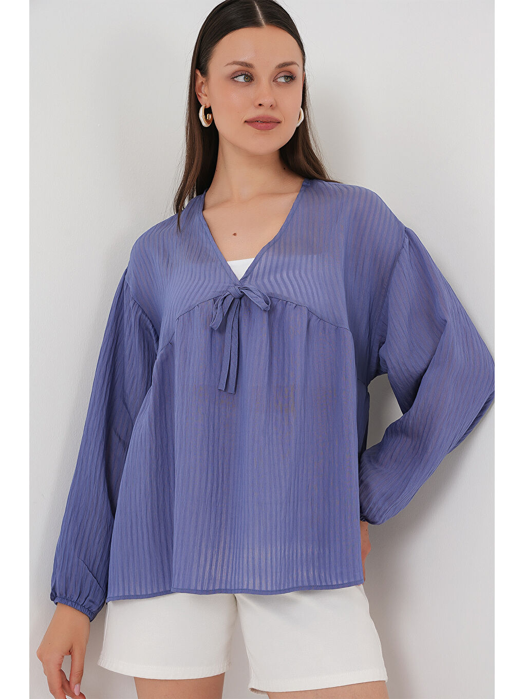 Kadın Önü Bağcıklı Uzun Kol Bluz 946 - İndigo-3