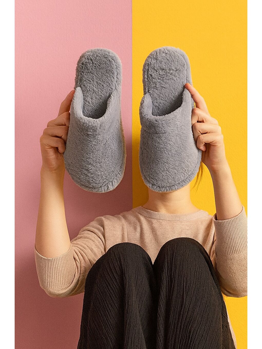 Gri TÜYLÜ KAPALI Kadın Ev Terliği Kışlık Terlik Sessiz Taban-1