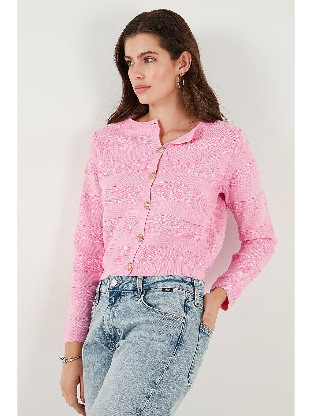 Pembe Premium Regular Fit Bisiklet Yaka Düğmeli Dokulu Triko Hırka 680HI00337-3