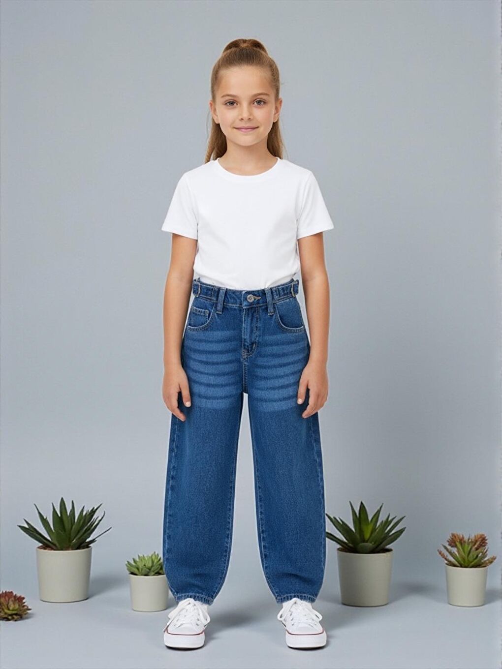 Mavi Kız Çocuk Wide Baggy Fit Geniş Paça Jean Pantolon-1