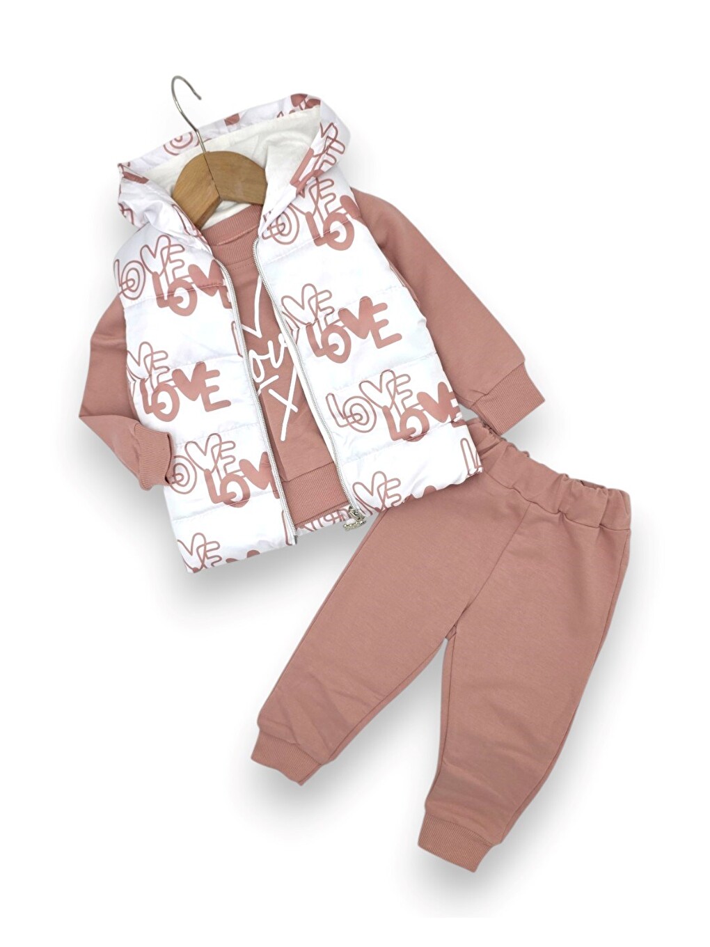 Pembe Kız Bebek Mevsimlik Şişme Yelekli, Sweatshirt Ve Pantolonlu 3'lü Takım-2
