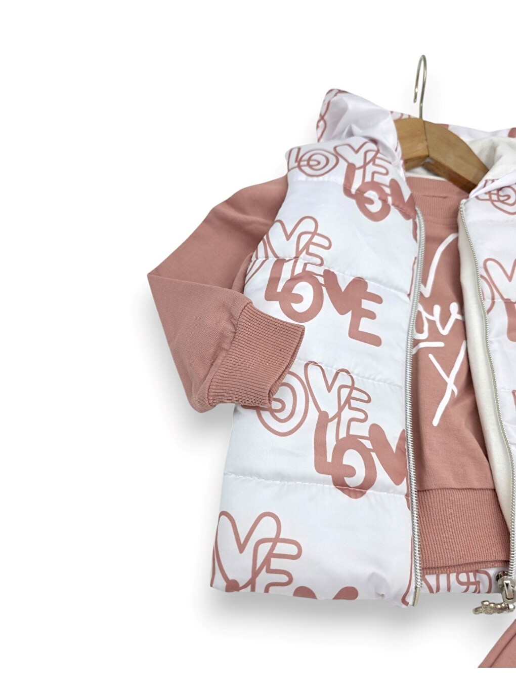 Pembe Kız Bebek Mevsimlik Şişme Yelekli, Sweatshirt Ve Pantolonlu 3'lü Takım-3