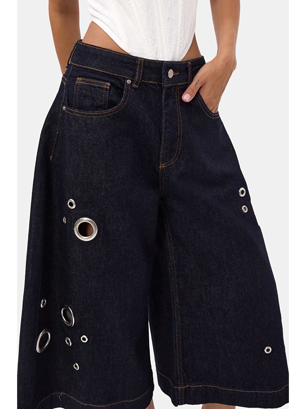 Kadın İndigo Selvedge 7s6-50 Maxi Boy Tasarım Bermuda Şort-1