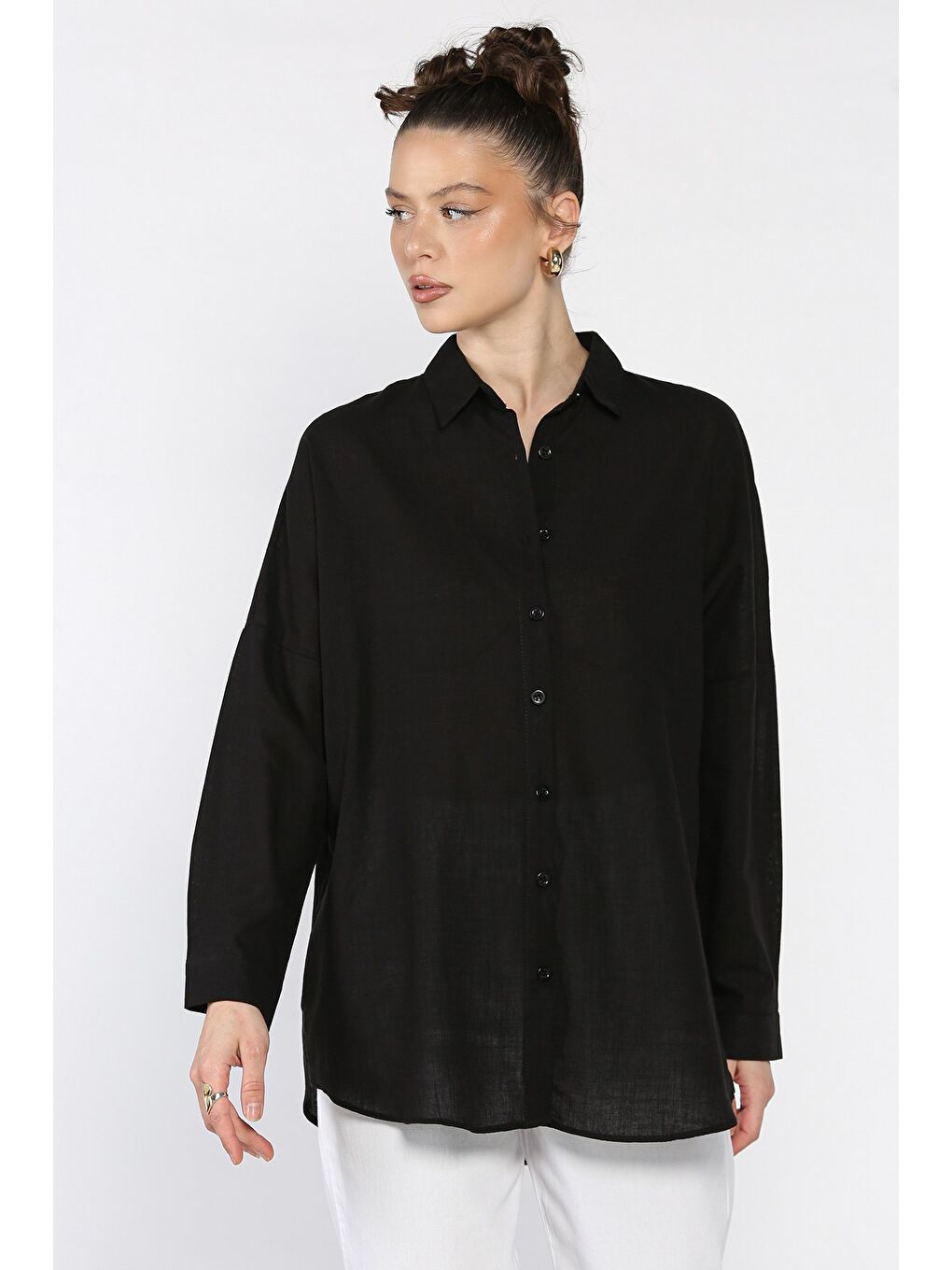 Siyah Kadın Uzun Kol Keten Gömlek-1