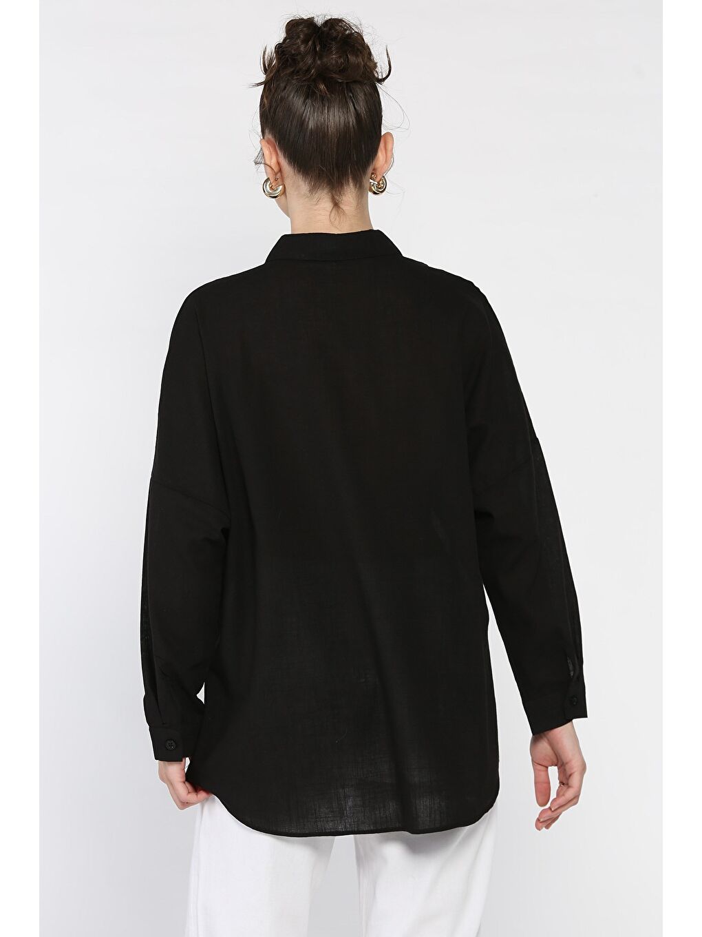 Siyah Kadın Uzun Kol Keten Gömlek-2