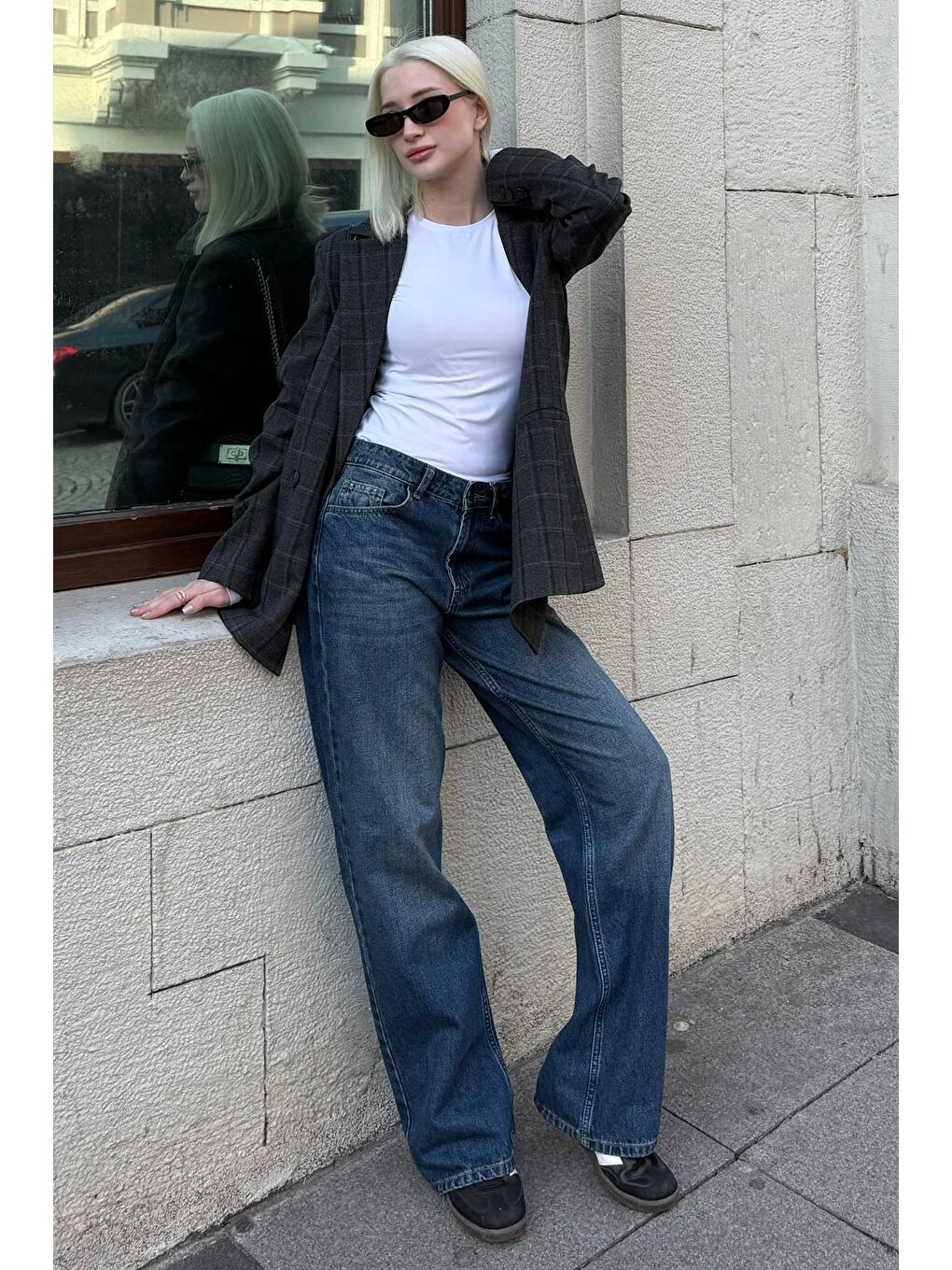 Mavi %100Pamuklu Geniş Paça Yüksek Bel Kadın Wide Leg Jean Mg2623-4