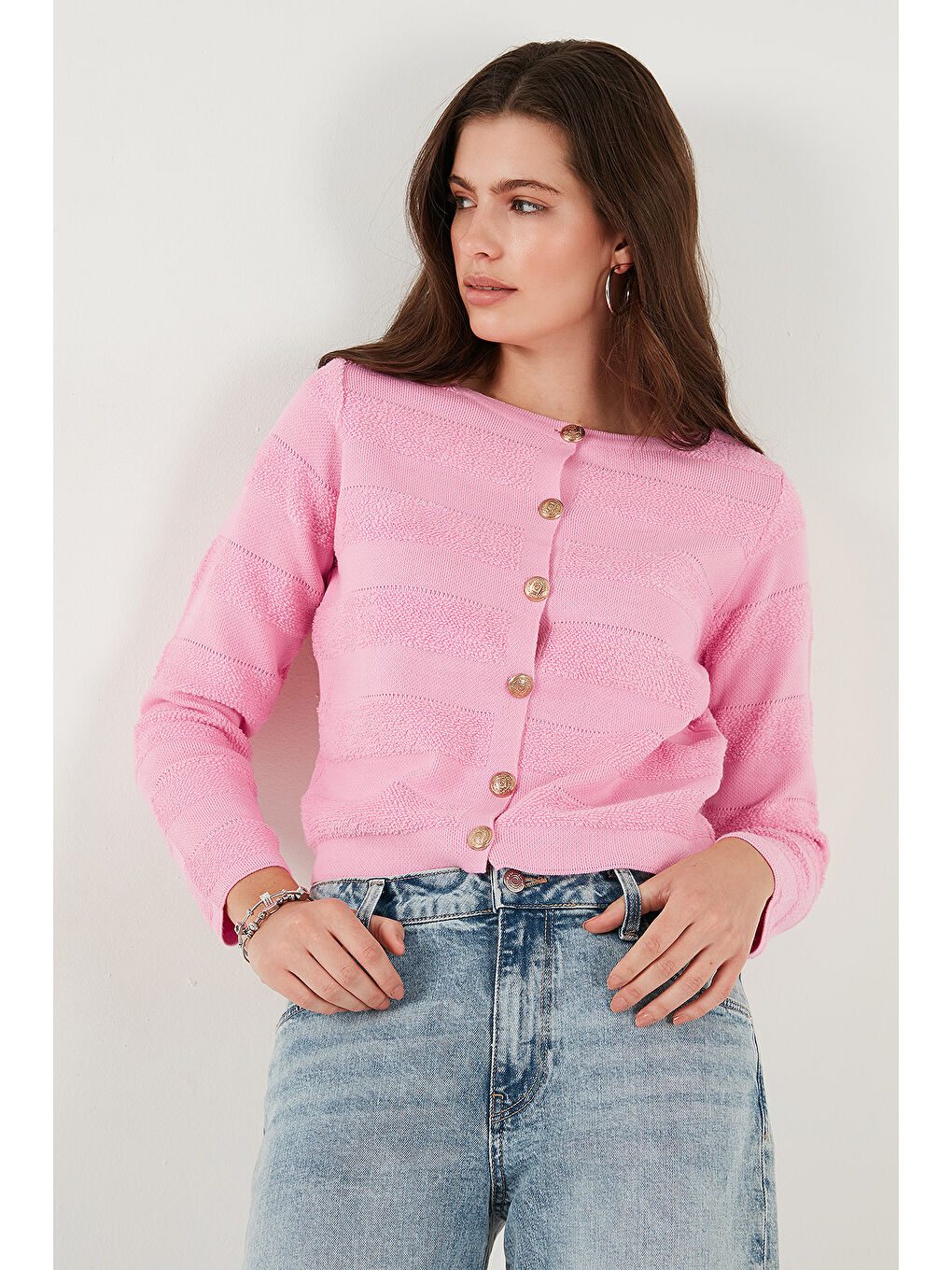 Pembe Premium Regular Fit Bisiklet Yaka Düğmeli Dokulu Triko Hırka 680HI00337-4