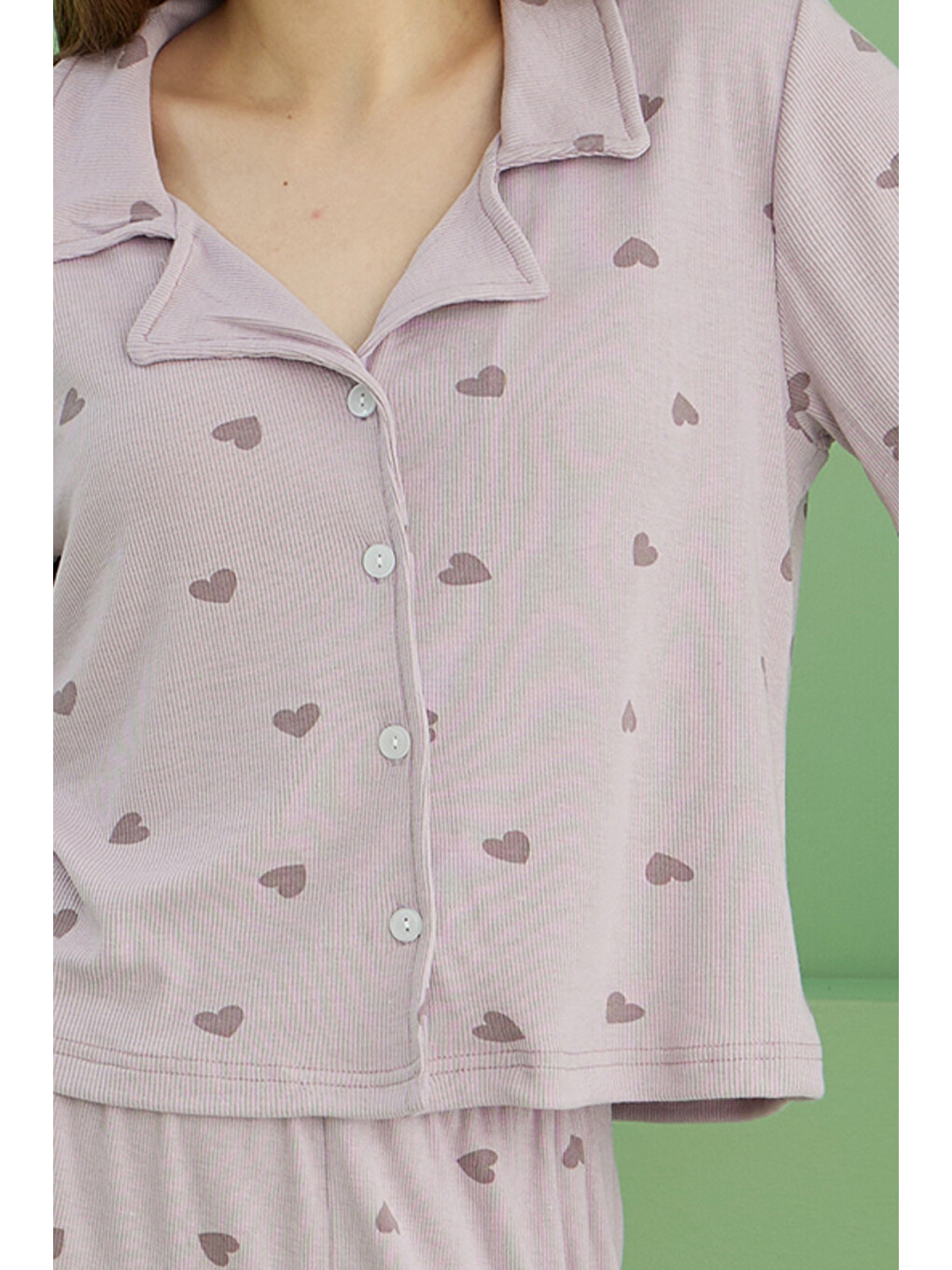 Lila Kalp Baskılı Fitilli Kaşkorse Örme Düğmeli Gömlek Yaka Pijama Takım-1