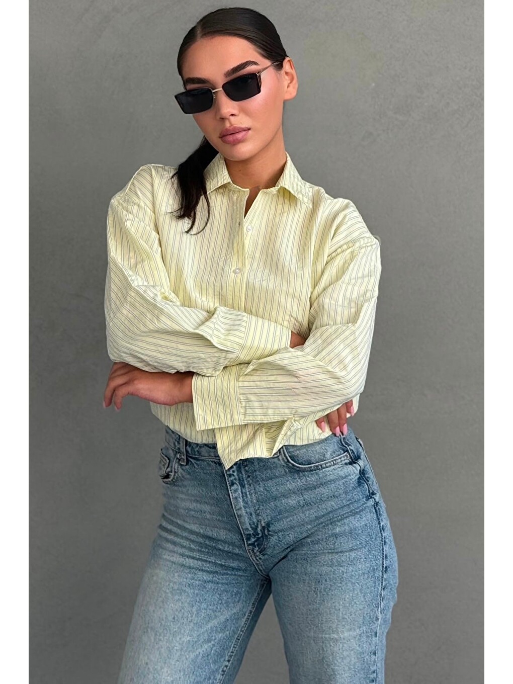 Sarı Çizgili Oversize Kadın Gömlek Mg2732-1