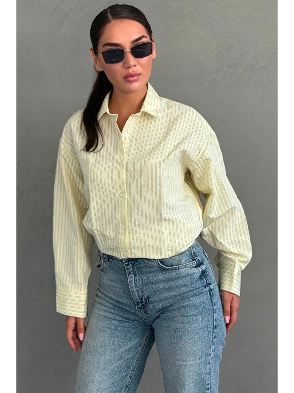 Sarı Çizgili Oversize Kadın Gömlek Mg2732-2