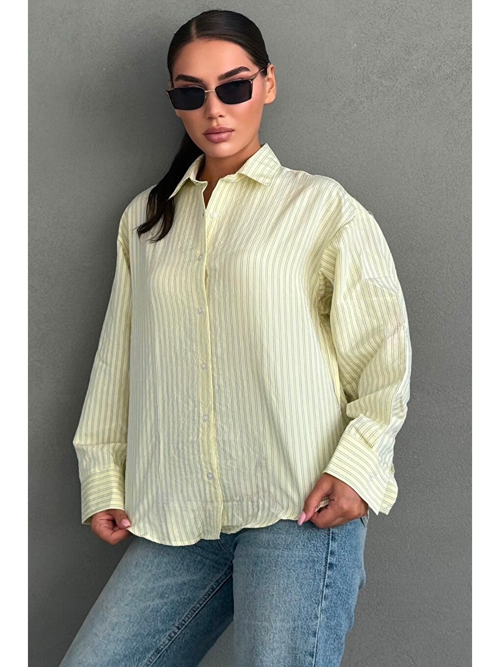Sarı Çizgili Oversize Kadın Gömlek Mg2732-3