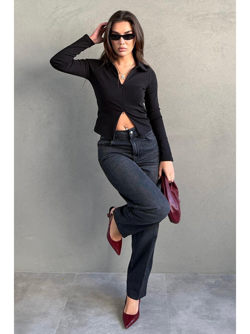 Antrasit Geniş Paça Yüksek Bel Kadın Wide Leg Jean Mg2623-1