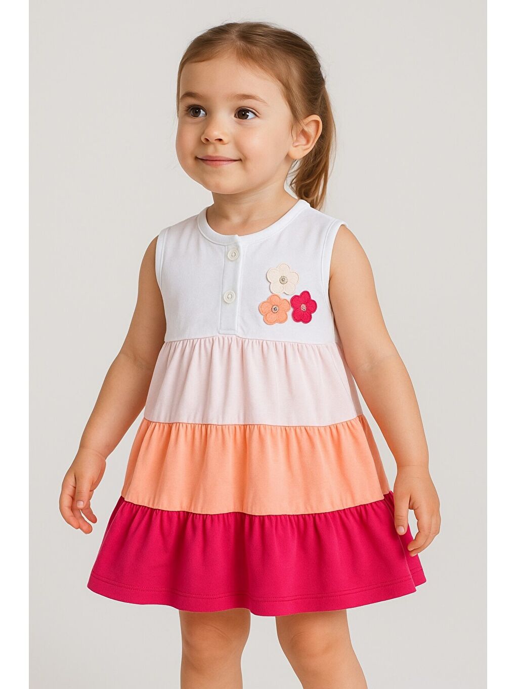 Pembe Kız Bebek Tatlı Premium Rengarenk Kat Kat Çiçek Detaylı Elbise-1