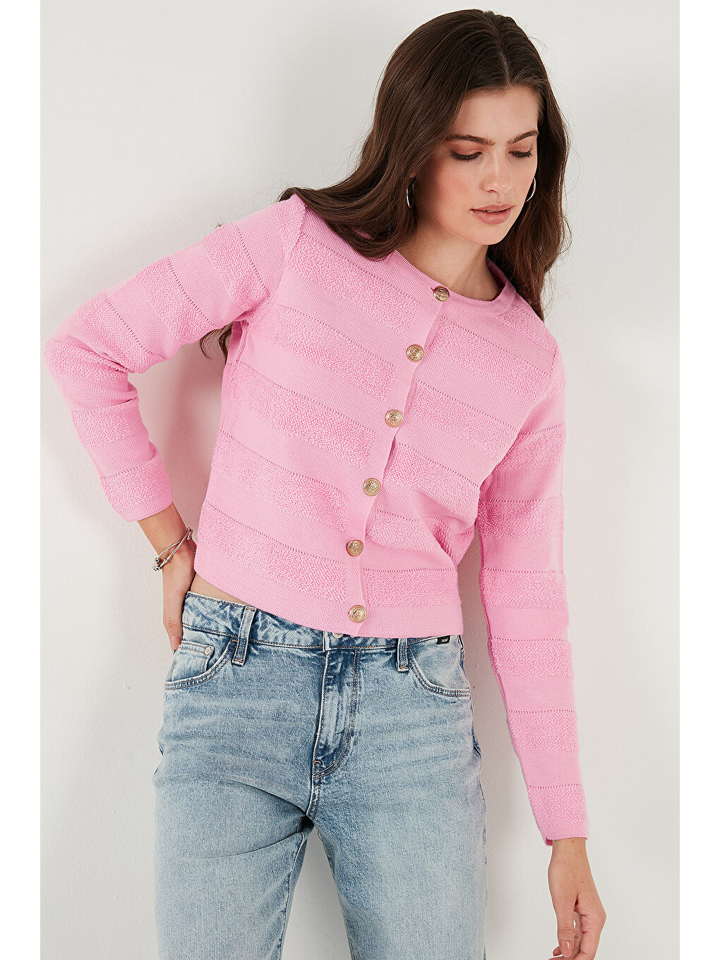 Pembe Premium Regular Fit Bisiklet Yaka Düğmeli Dokulu Triko Hırka 680HI00337-5