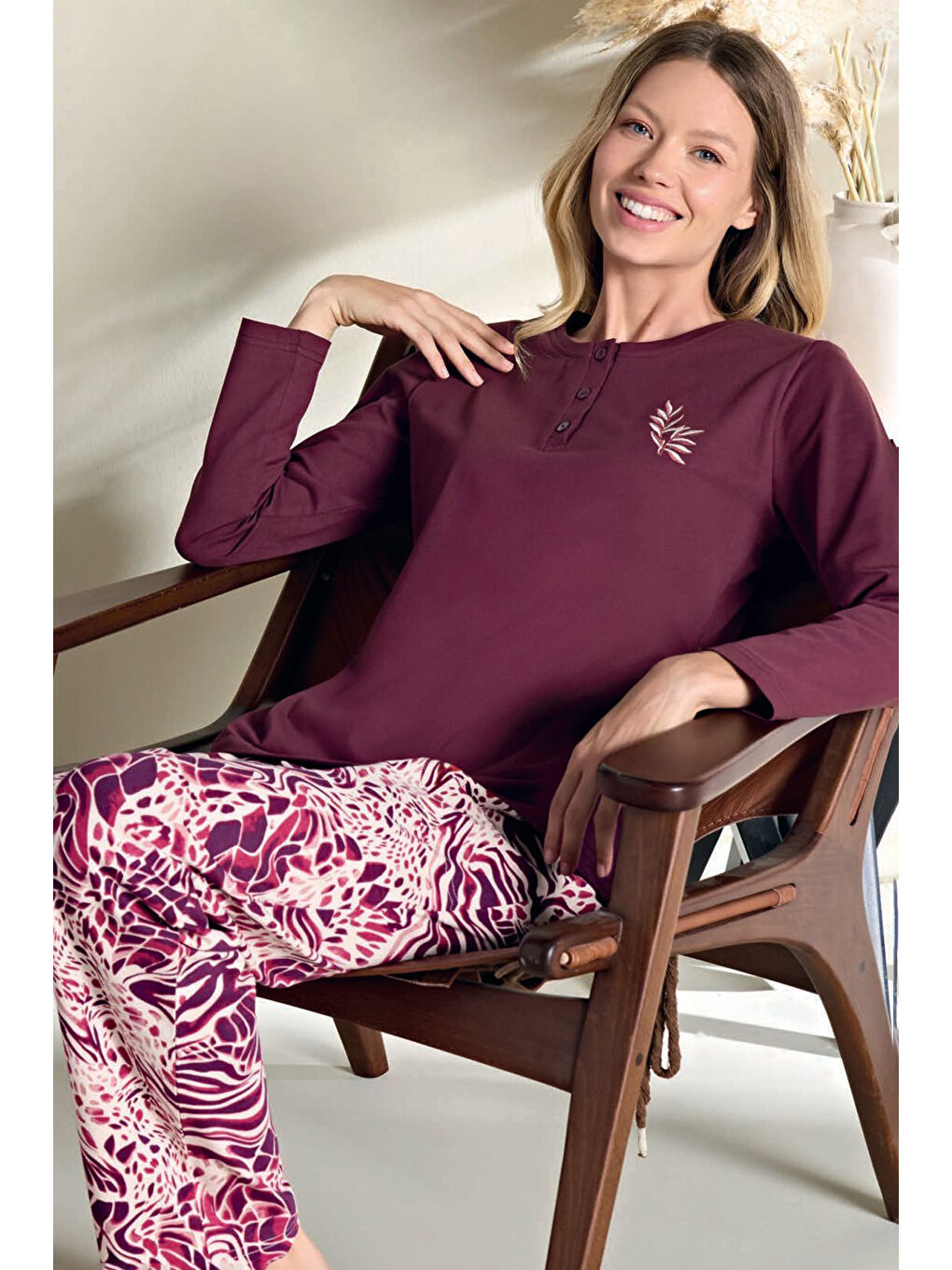 Kadın Penye Uzun Kol Pijama Takımı 3126 Bordo-1