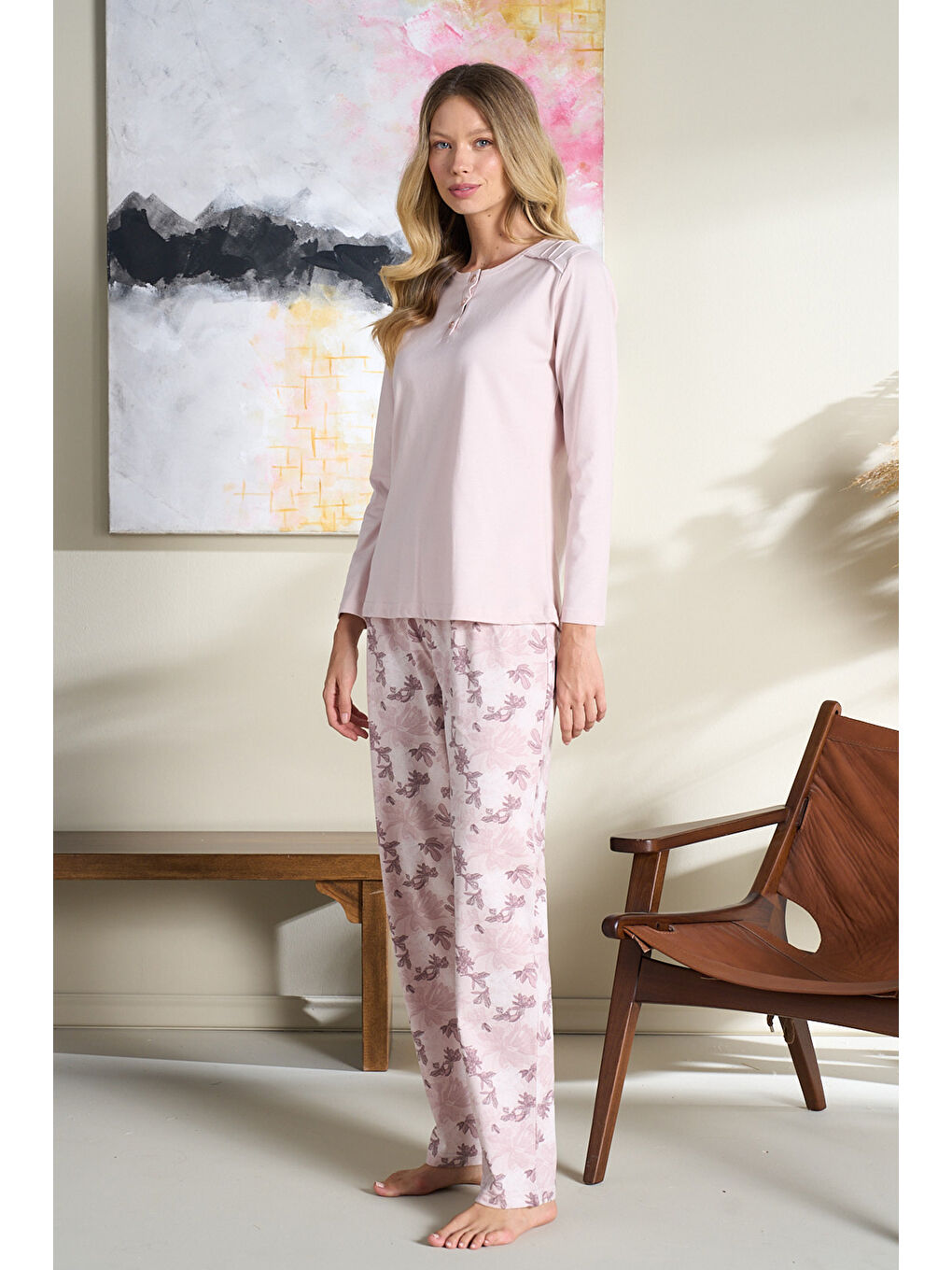 Pembe Büyük Beden Kadın Penye Uzun Kol Pijama Takımı 3109 Pudra01-1