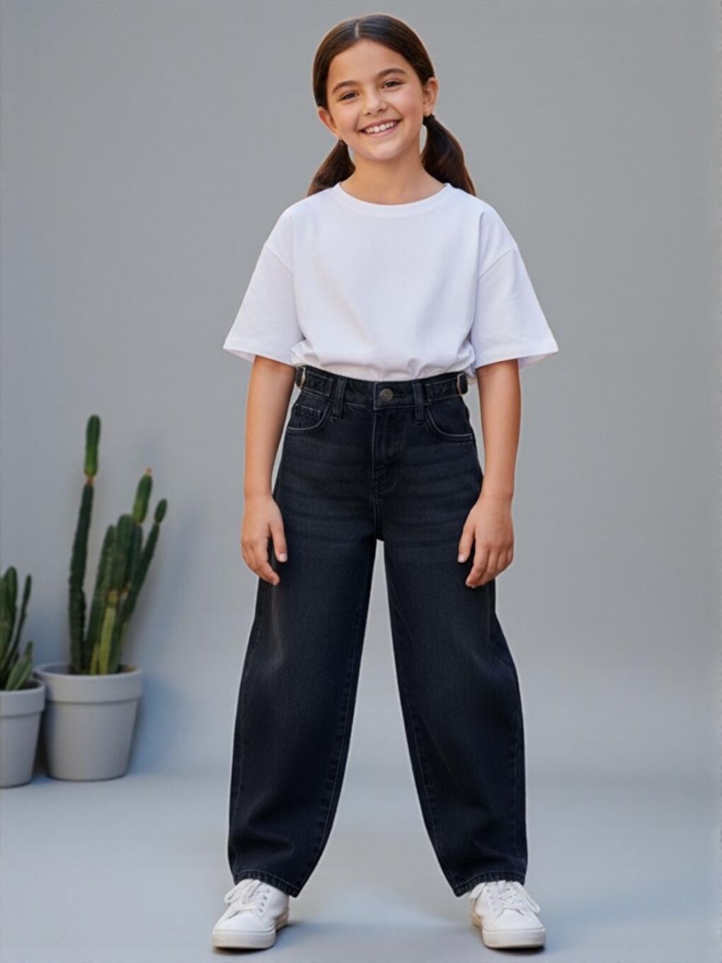 Siyah Kız Çocuk Wide Baggy Fit Geniş Paça Jean Pantolon-1