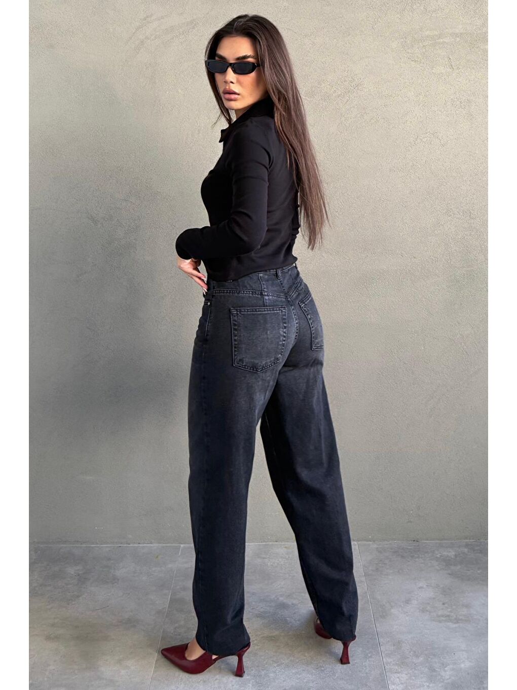 Antrasit Geniş Paça Yüksek Bel Kadın Wide Leg Jean Mg2623-2