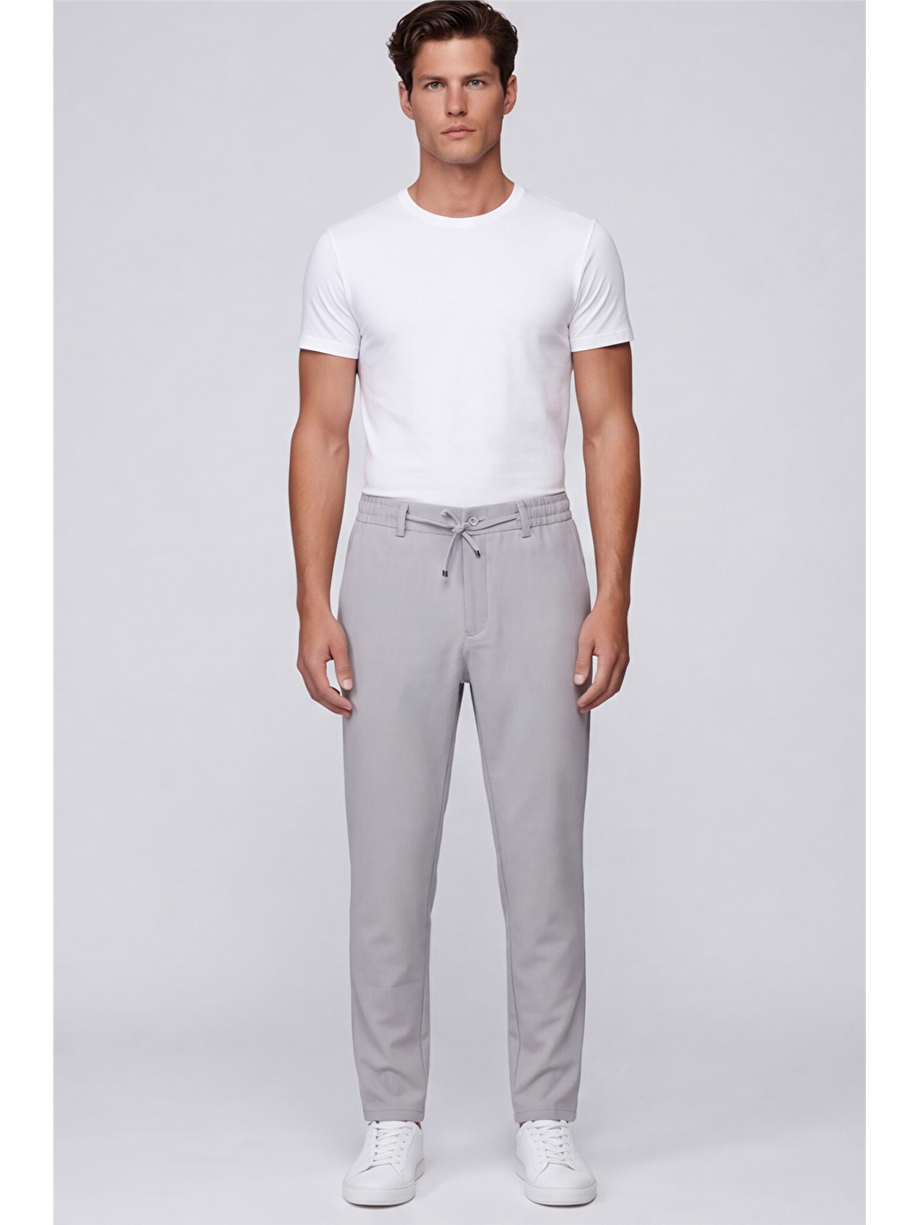 Erkek Açık Gri Normal Kesim Regular Fit Pamuklu Armürlü Bel Lastikli Jogger Pantolon-1