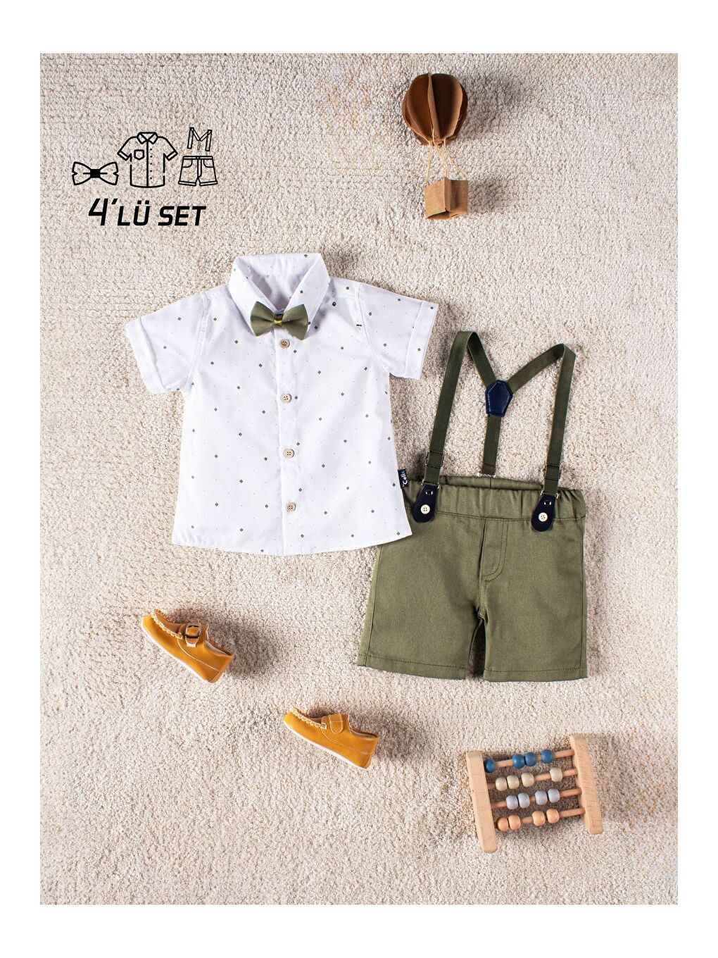 Haki Papyonlu Yazlık 4 Parça Erkek Çocuk Gömlekli Slopetli Özel Takım-3