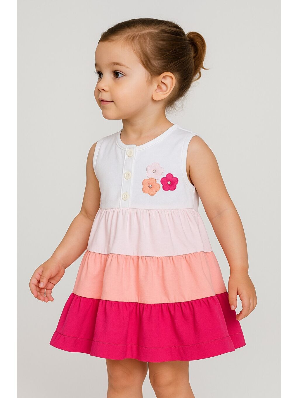 Pembe Kız Bebek Tatlı Premium Rengarenk Kat Kat Çiçek Detaylı Elbise-2