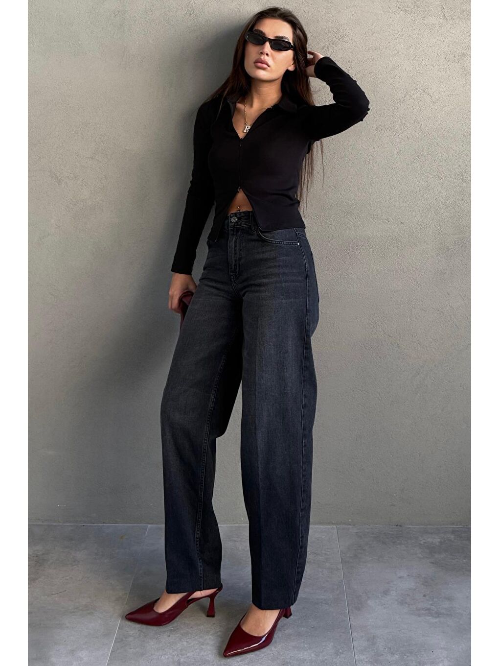 Antrasit Geniş Paça Yüksek Bel Kadın Wide Leg Jean Mg2623-3