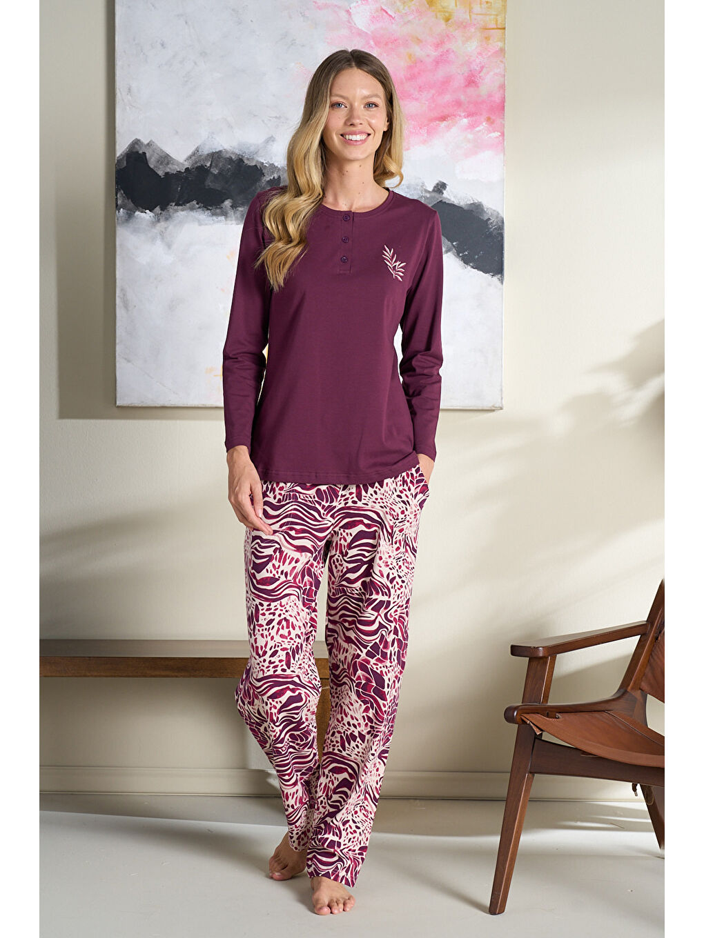 Kadın Penye Uzun Kol Pijama Takımı 3126 Bordo-2