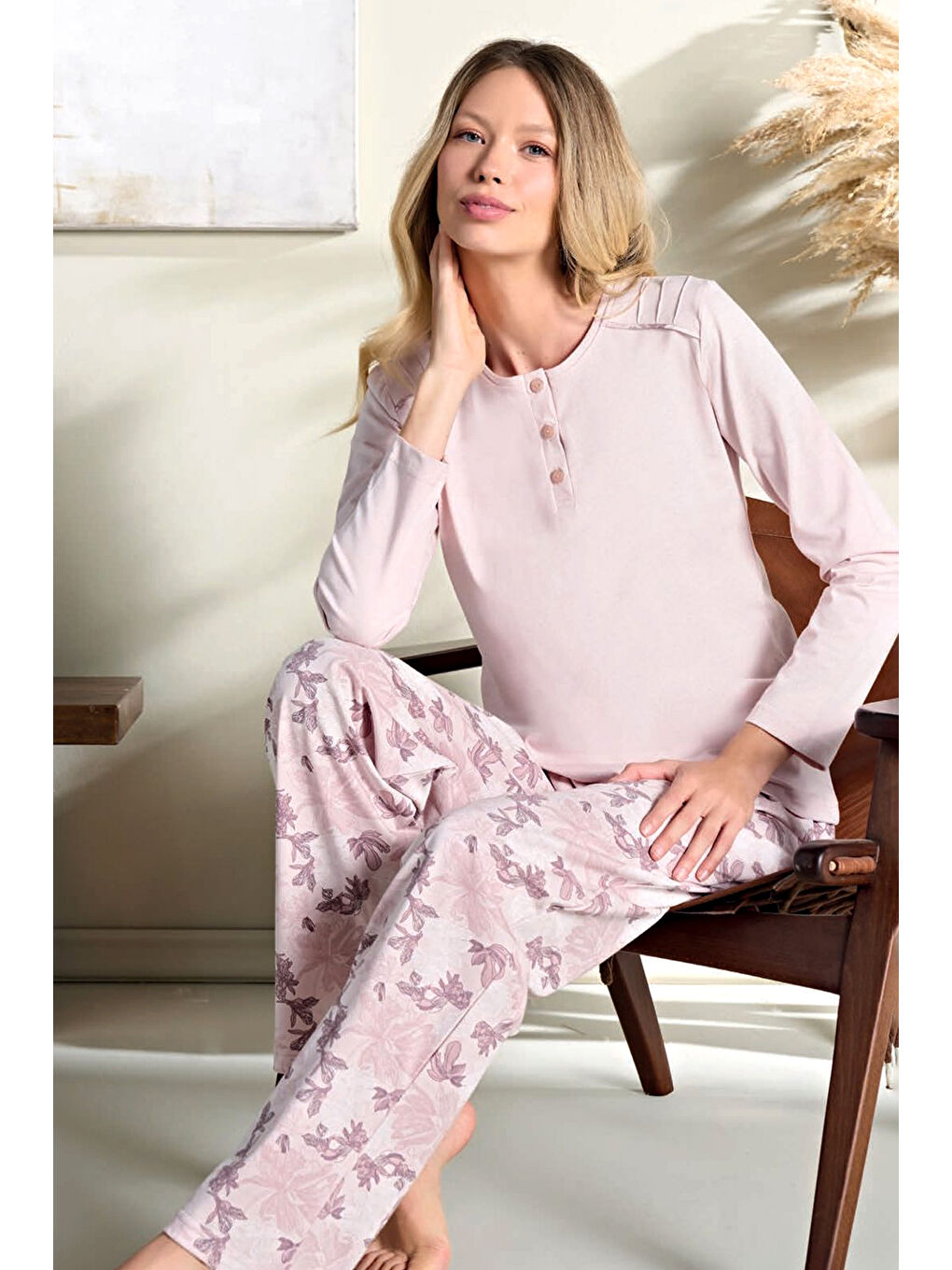 Pembe Büyük Beden Kadın Penye Uzun Kol Pijama Takımı 3109 Pudra01-3