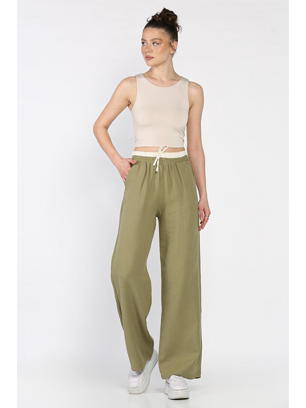 Haki Kadın Bel Lastikli Yüksek Bel Palazzo Pantolon-1