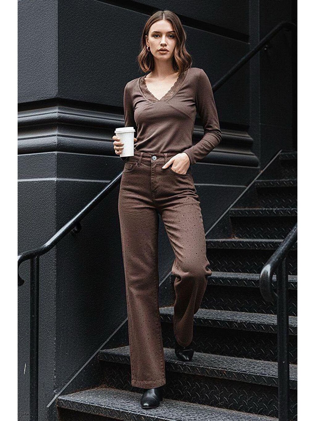 Kahverengi Yüksek Bel Elastanlı Taşlı Kadın Jean Pantolon Mg2271