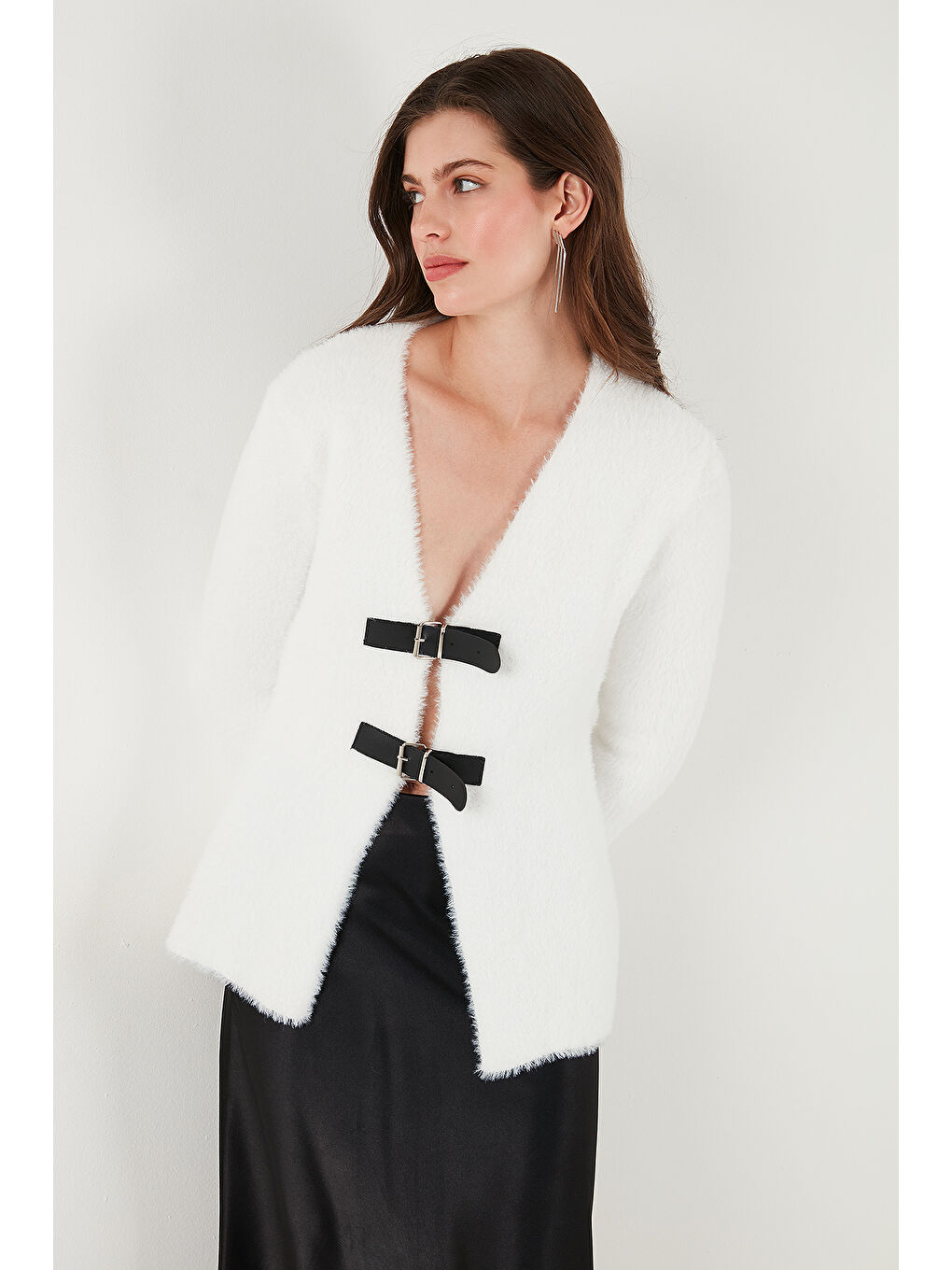 Ekru Premium Regular Fit V Yaka Çift Kemerli Pelüş Hırka 680HI00112-1