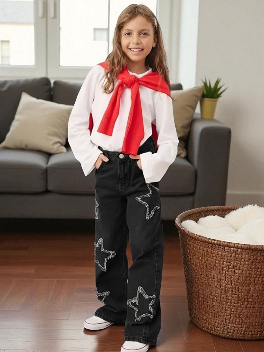 Siyah Kız Çocuk Geniş Paça Yıldız Desenli %100 Pamuk Lastikli Denim Pantolon-1