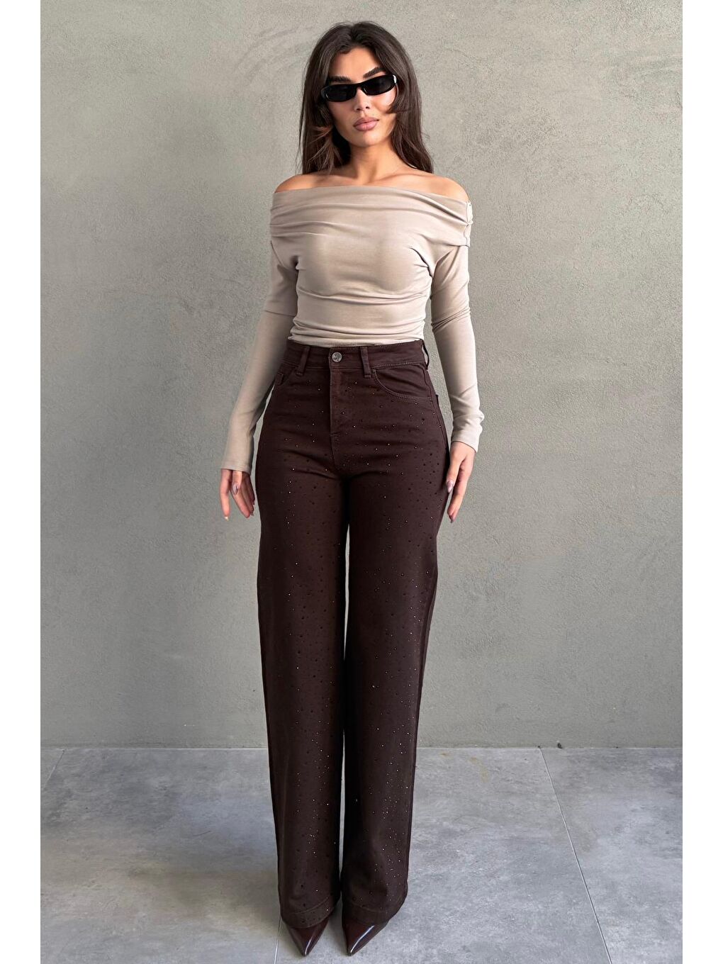 Kahverengi Yüksek Bel Elastanlı Taşlı Kadın Jean Pantolon Mg2271-2