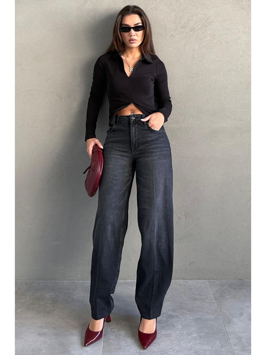 Antrasit Geniş Paça Yüksek Bel Kadın Wide Leg Jean Mg2623-5