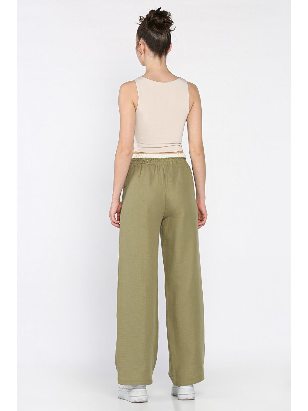 Haki Kadın Bel Lastikli Yüksek Bel Palazzo Pantolon-3