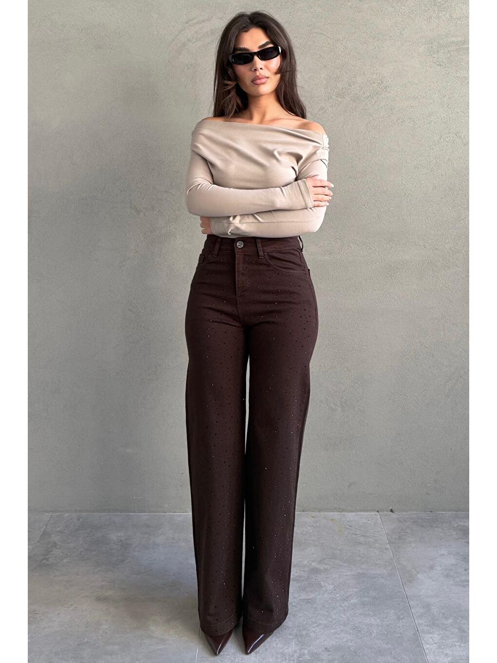 Kahverengi Yüksek Bel Elastanlı Taşlı Kadın Jean Pantolon Mg2271-4