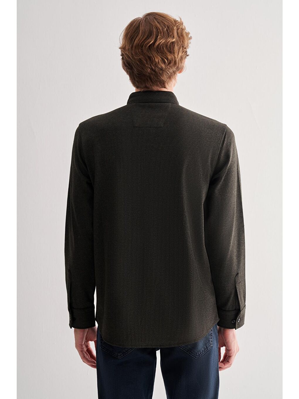 Koyu Haki Smart Düğmeli Yaka Uzun Kol Cepsiz Slim Fit Casual Büyük Beden Gömlek 1004255170