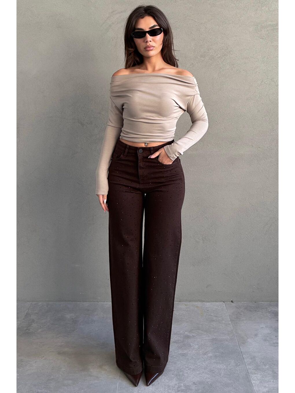 Kahverengi Yüksek Bel Elastanlı Taşlı Kadın Jean Pantolon Mg2271-5