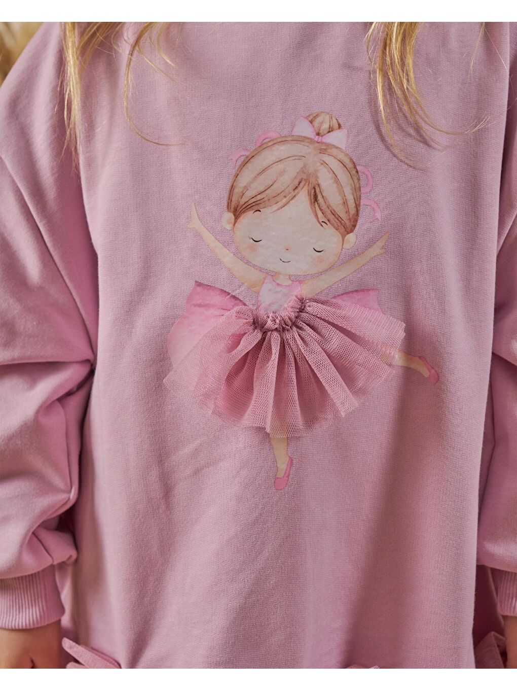 Kız Çocuk Pamuklu Lila Balerin Baskılı Tüllü Elbise – Fiyonk Detaylı-1