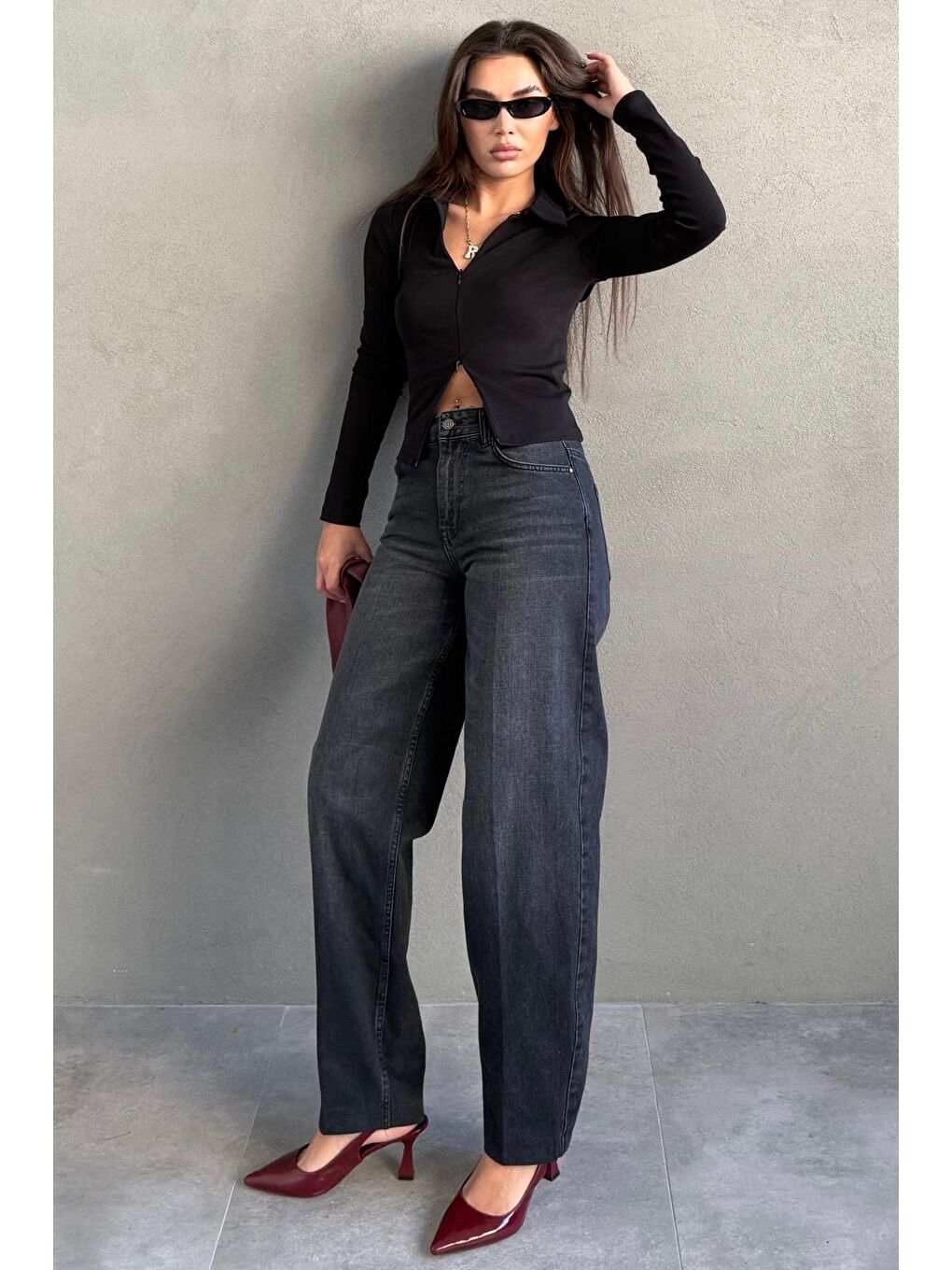 Antrasit Geniş Paça Yüksek Bel Kadın Wide Leg Jean Mg2623-6
