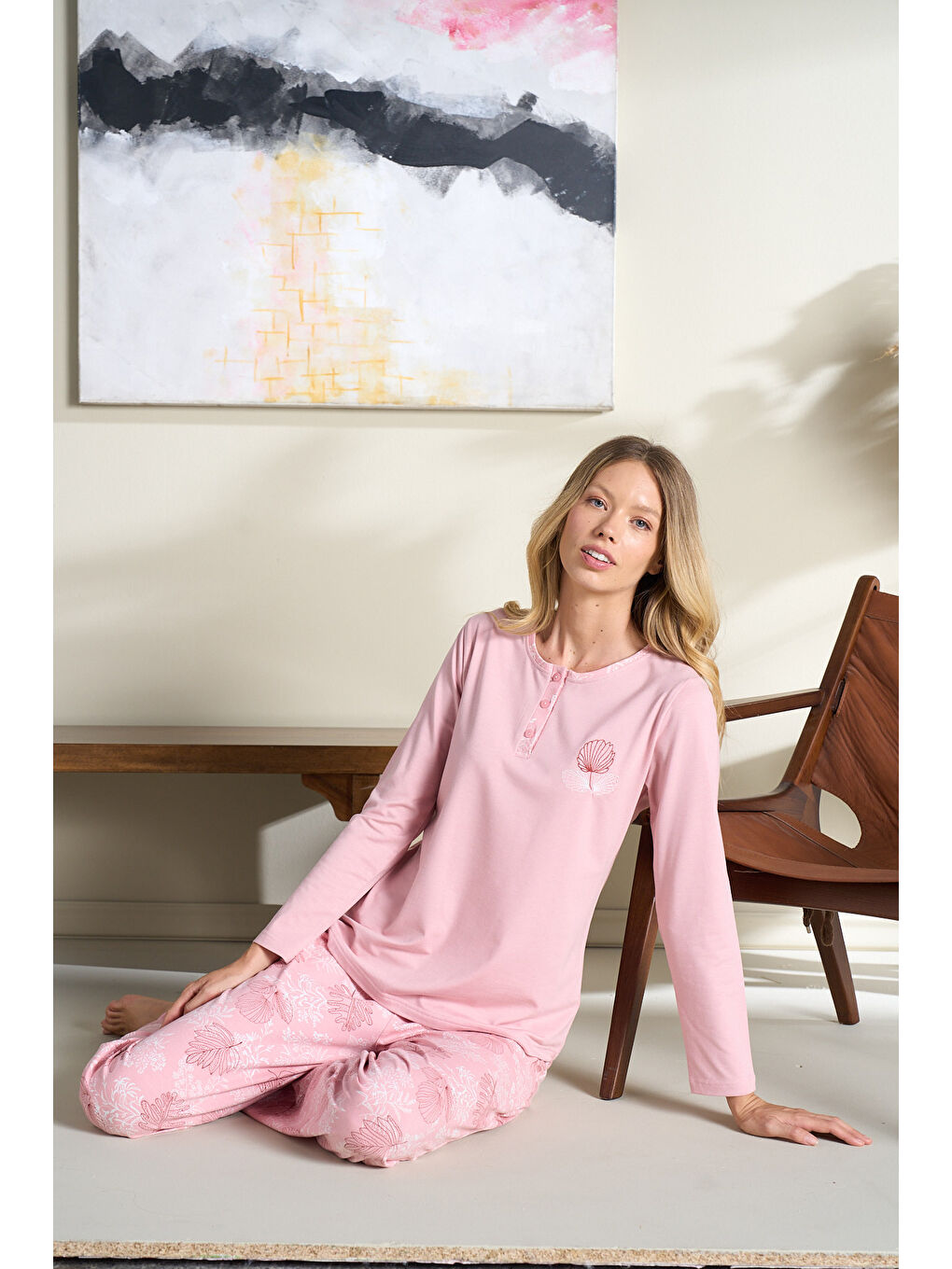 Büyük Beden Kadın Penye Uzun Kol Pijama Takımı 3122 Pembe-2