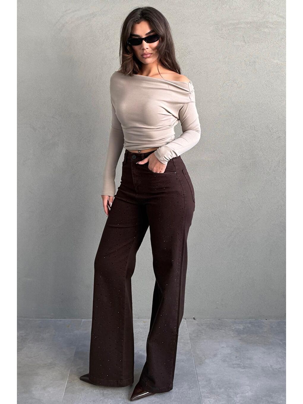 Kahverengi Yüksek Bel Elastanlı Taşlı Kadın Jean Pantolon Mg2271-6